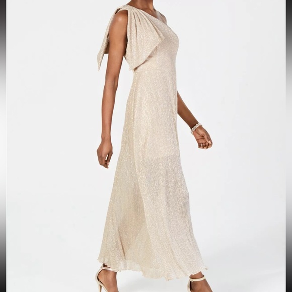 Betsy & Adam One Shoulder Metallic Dress in Pink Size 12 Gown NEW Maxi - Picture 13 of 13